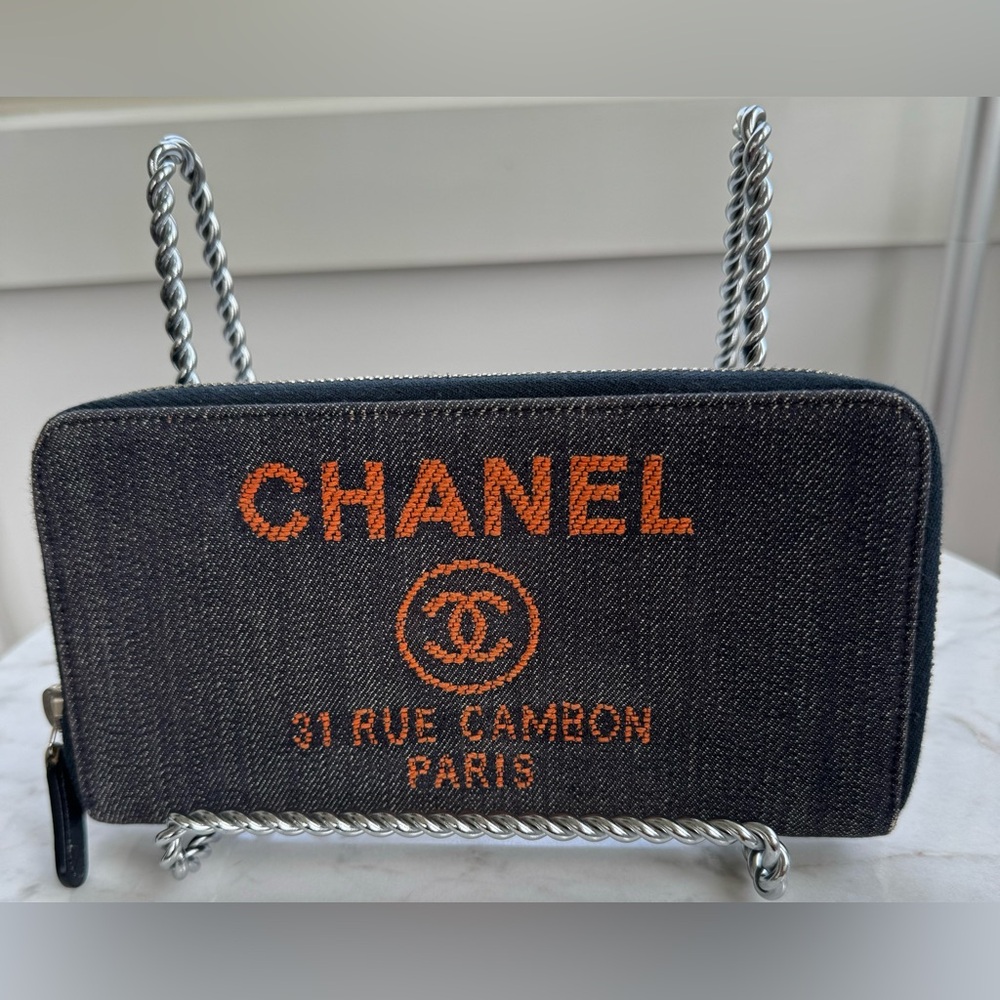 CHANEL Denim Deauville Long Zip-Around Wallet